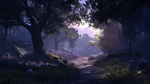 Forested landscape with illuminated pathway through misty woodland terrain.