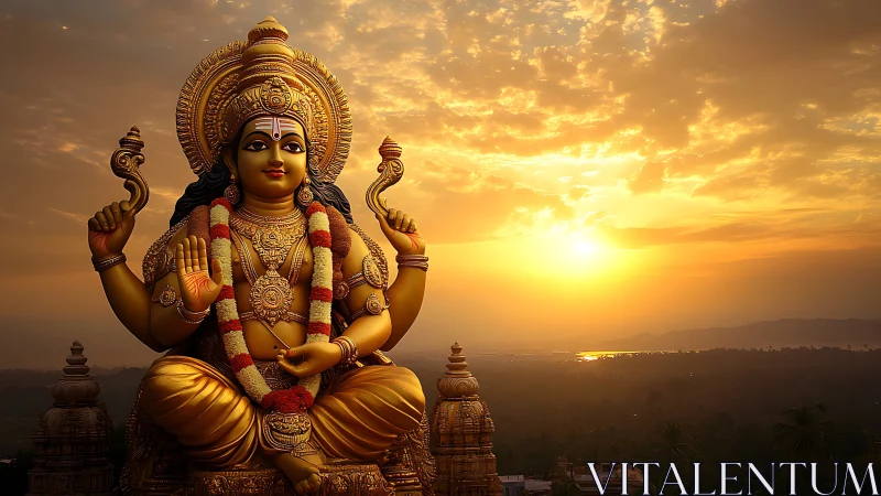 Golden Hindu deity statue against vivid sunset sky.