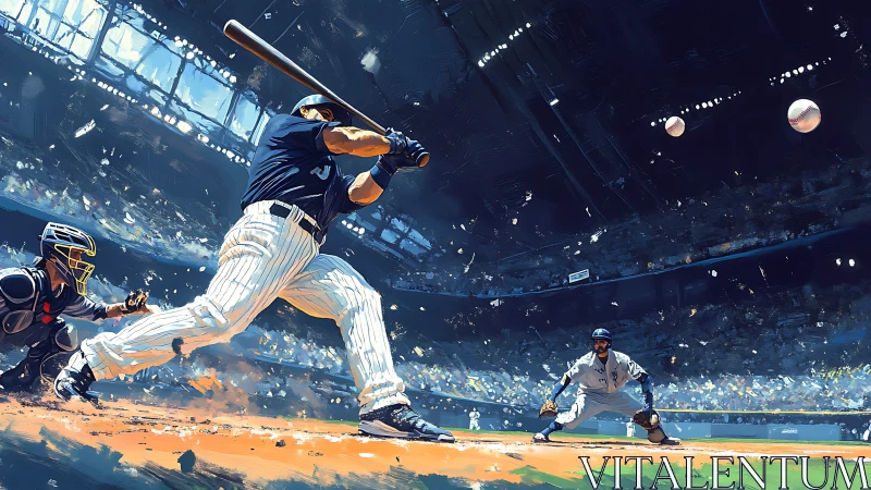 Digital painting depicts batter swinging during stadium game