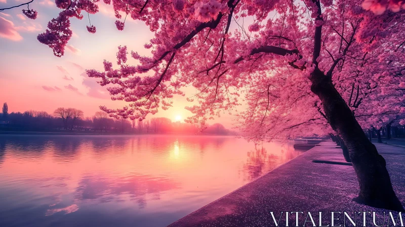 Cherry blossoms frame a vivid pink sunset over calm water
