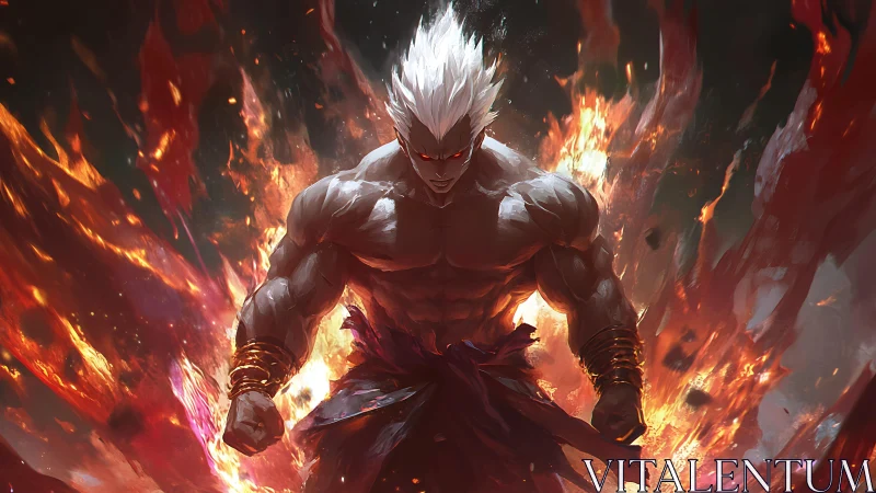 Flaming silver‑haired warrior emerges amid explosive inferno