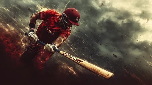 Dynamic cricket batsman in storm-lit digital painting composition.