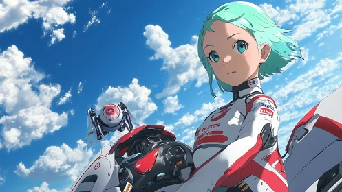 Mecha pilot girl with drone under bright summer sky.
