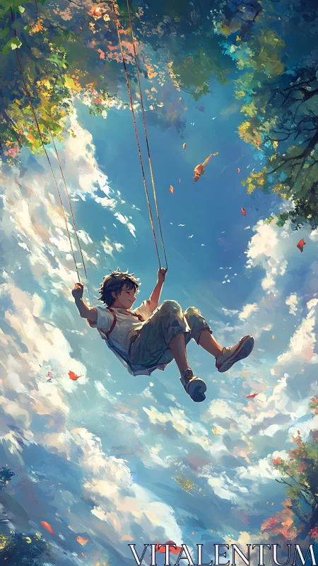 Digital painting of boy on swing in expansive sky vortex.