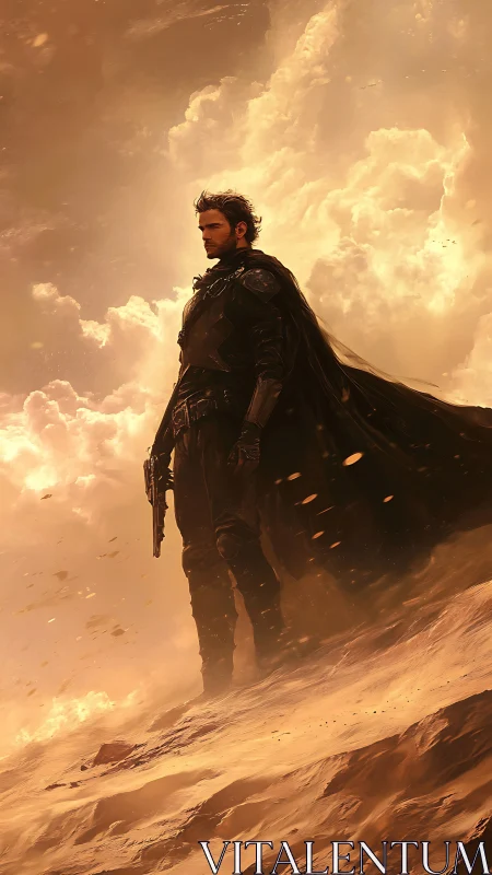 Armored sentinel on irradiated desert ridge at dusk.