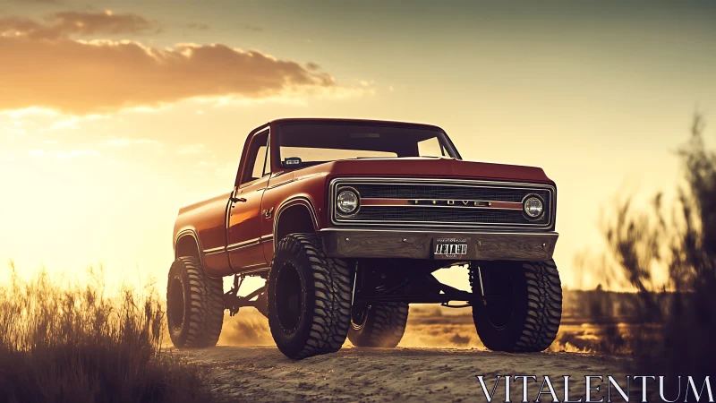 Lifted vintage red pickup truck on dusty trail at sunset.