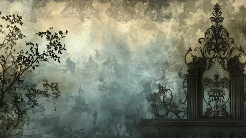 Ornate wrought iron gate against misted distressed wall.