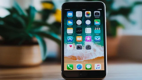 iPhone displaying home screen with applications and beach wallpaper.