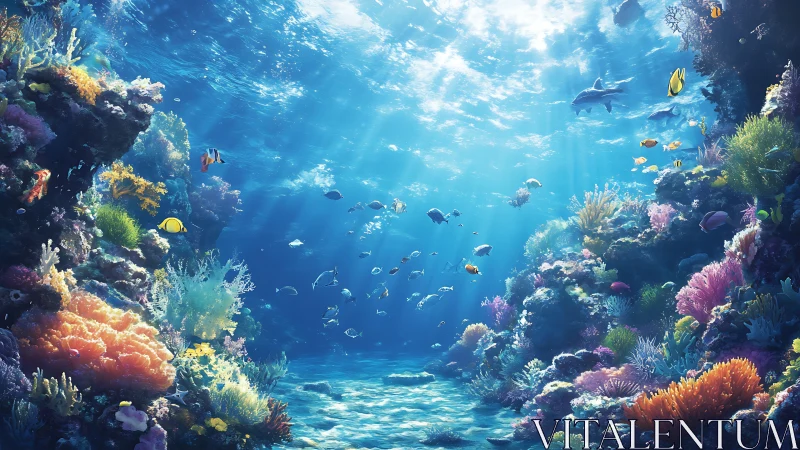 Vibrant coral reef seascape with diverse tropical marine life.