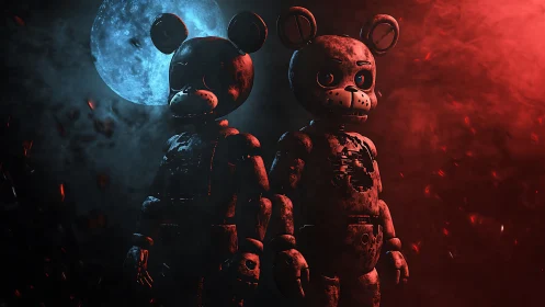 Rustic animatronic bears under blue moon and red haze.