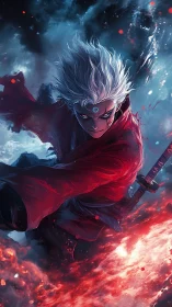 White haired swordsman commands stormfire in crimson robe