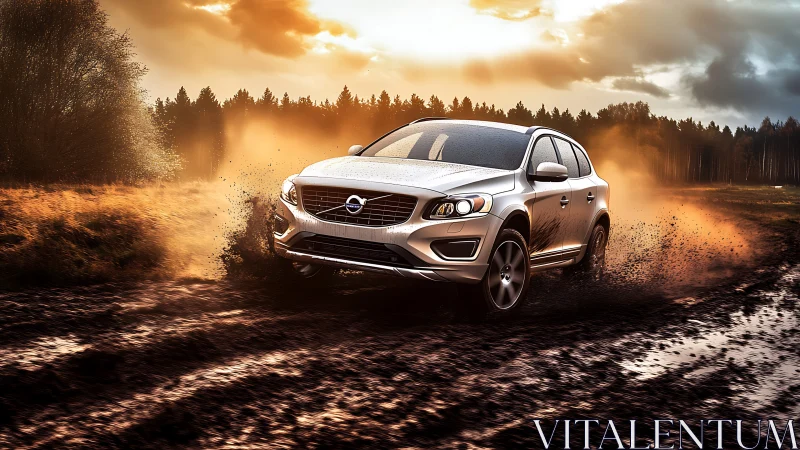Muddy off‑road SUV dynamics under dramatic backlit sky.