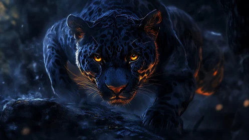 Black Panther with Luminous Golden Eyes in Dark Atmospheric Rendering