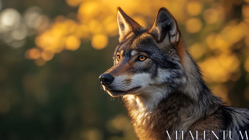 Golden hour wolf portrait with soft autumn bokeh glow.
