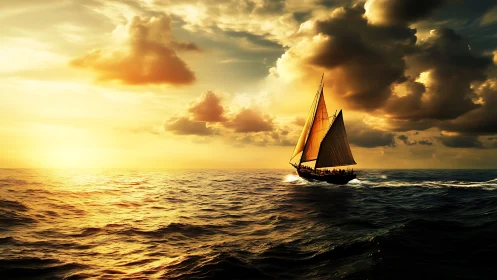 Golden-hour sailboat cuts shimmering open ocean horizon.