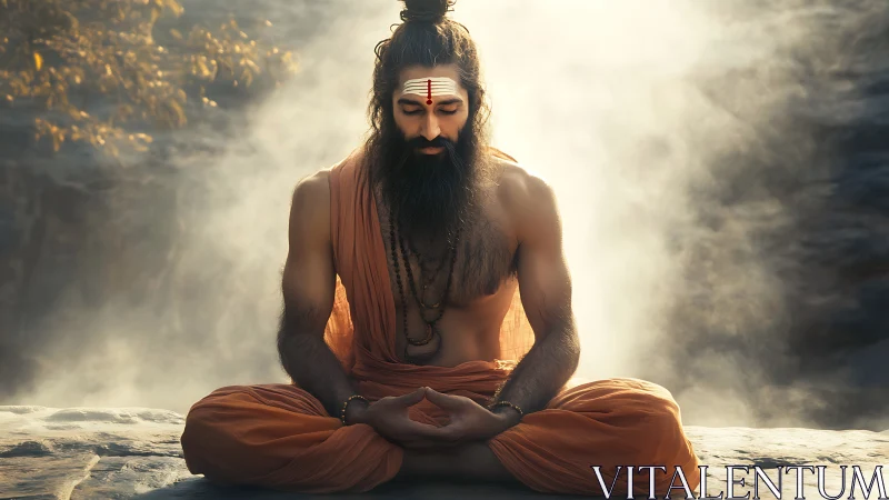 Yogi in deep meditation on misty riverbank at sunrise.