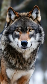 Grey wolf portrait with intense amber eyes in winter forest.