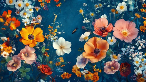 Vibrant botanical composition flourishes across deep blue canvas.