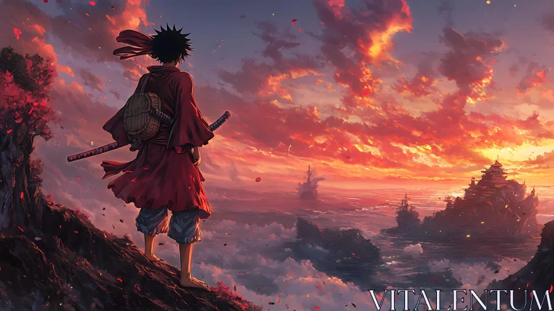 Cloaked swordsman overlooking stormy seascape at sunset