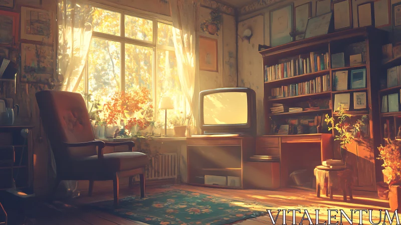 Sunlit vintage study with retro television and bookshelves.