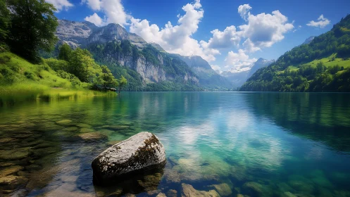Peaceful mountain lake reflecting bright summer skies.
