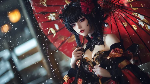 Crimson parasol whispers in a softly falling winter snowfall.