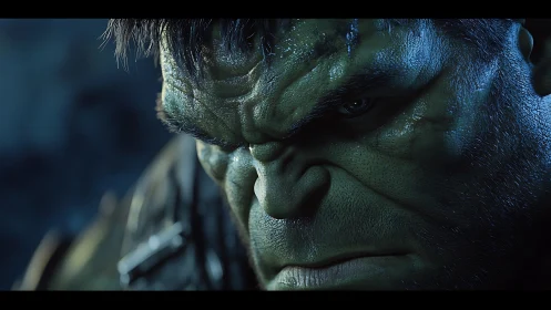 Intense close up of green-skinned brute in cinematic light.