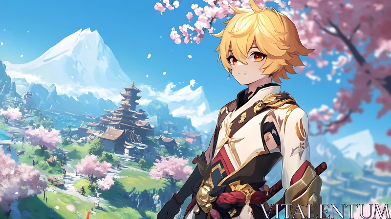 Cherry blossom wanderer guards a tranquil mountain kingdom.
