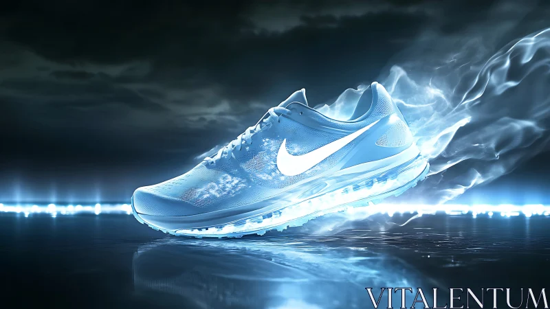 Glowing running shoe races forward with energetic blue light