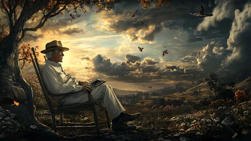 Elderly man seated under tree at sunset landscape.