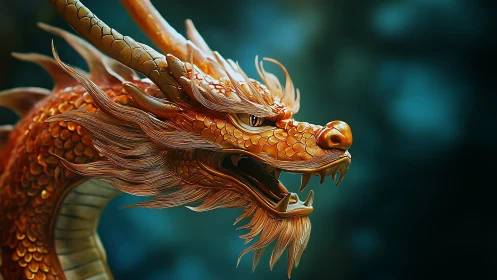Detailed golden dragon head render against blurred teal background.