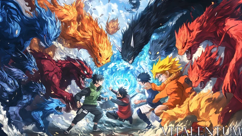 Elemental shinobi collide amid roaring chakra beasts.