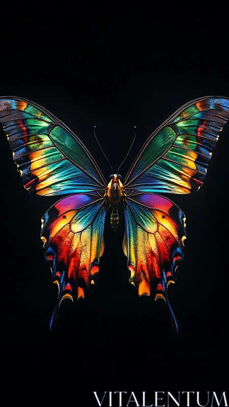 Radiant rainbow butterfly glowing softly against night sky.