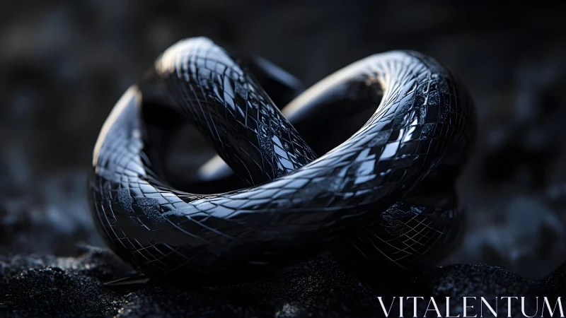 Futuristic Black Mobius Sculpture with Reflective Geometric Texture.