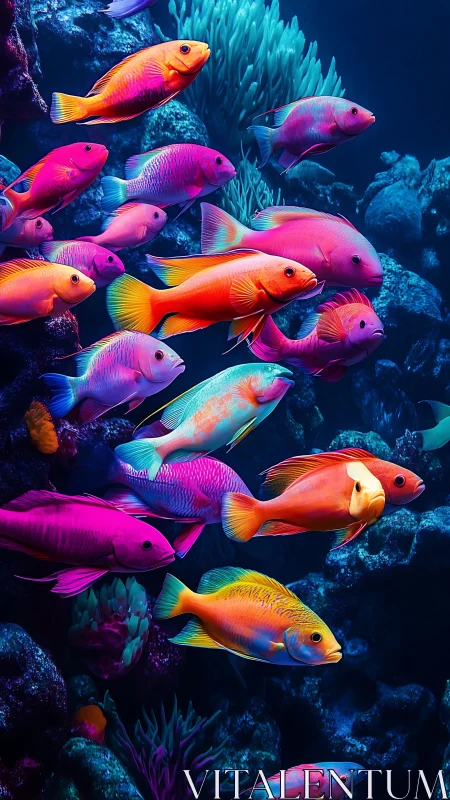 Colorful tropical reef fish in deep blue seawater.
