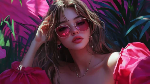 Neon pink portrait captures cool reflective gaze and glow.