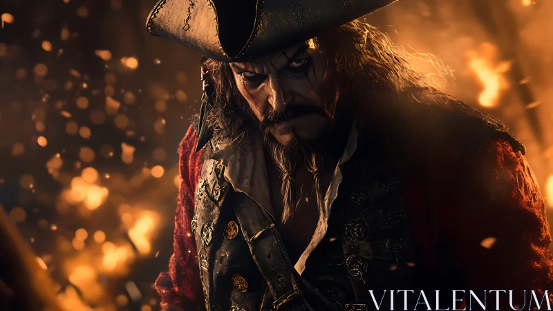 Brooding pirate captain glares amid swirling firelight and ash
