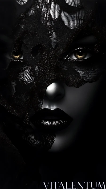 Veiled monochrome portrait with metallic lips and gaze.