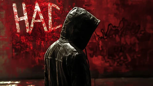 Hooded figure stands before red graffiti wall in shadows.