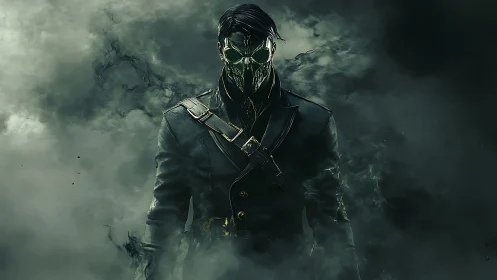 Masked figure in dark coat emerging from dense green smoke.