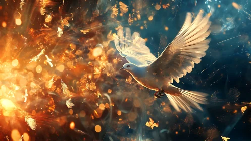 White dove flies through dense orange and blue glowing particles