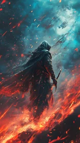 Cloaked warrior ascending through swirling firestorm skies.