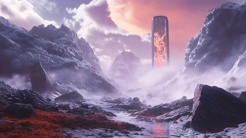 Luminous alien monolith rises over misty crimson valley