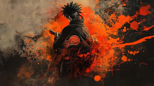 Solitary ninja grips sword amid erupting orange splashes