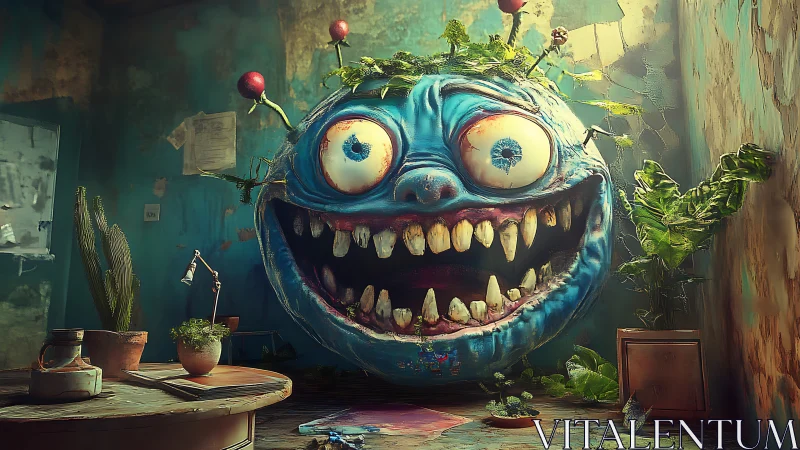 Garden goblin globe grins wide inside a derelict studio.