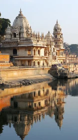 Riverside temple complex with domes mirrored in calm water.