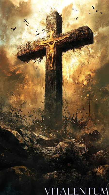 Crucifix on rocky hill under turbulent, clouded sky.