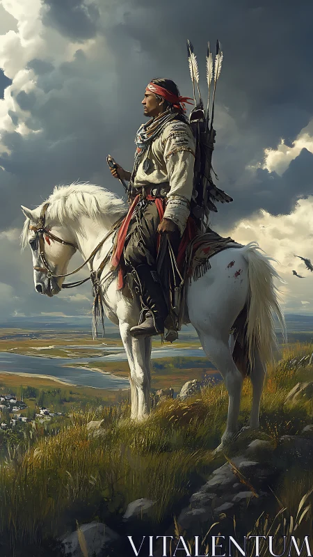 Rider on the white horse watching distant valleys unfold.