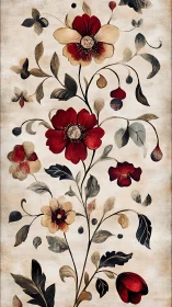 Vintage red floral branches curl across a textured canvas
