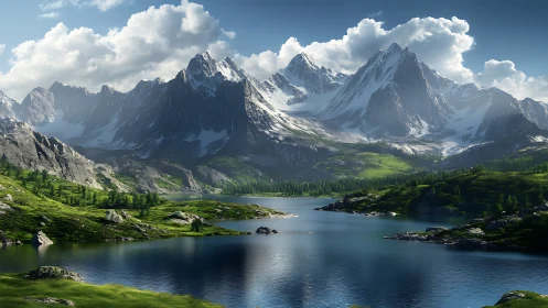 Majestic alpine lake reflects towering snowlit mountain range
